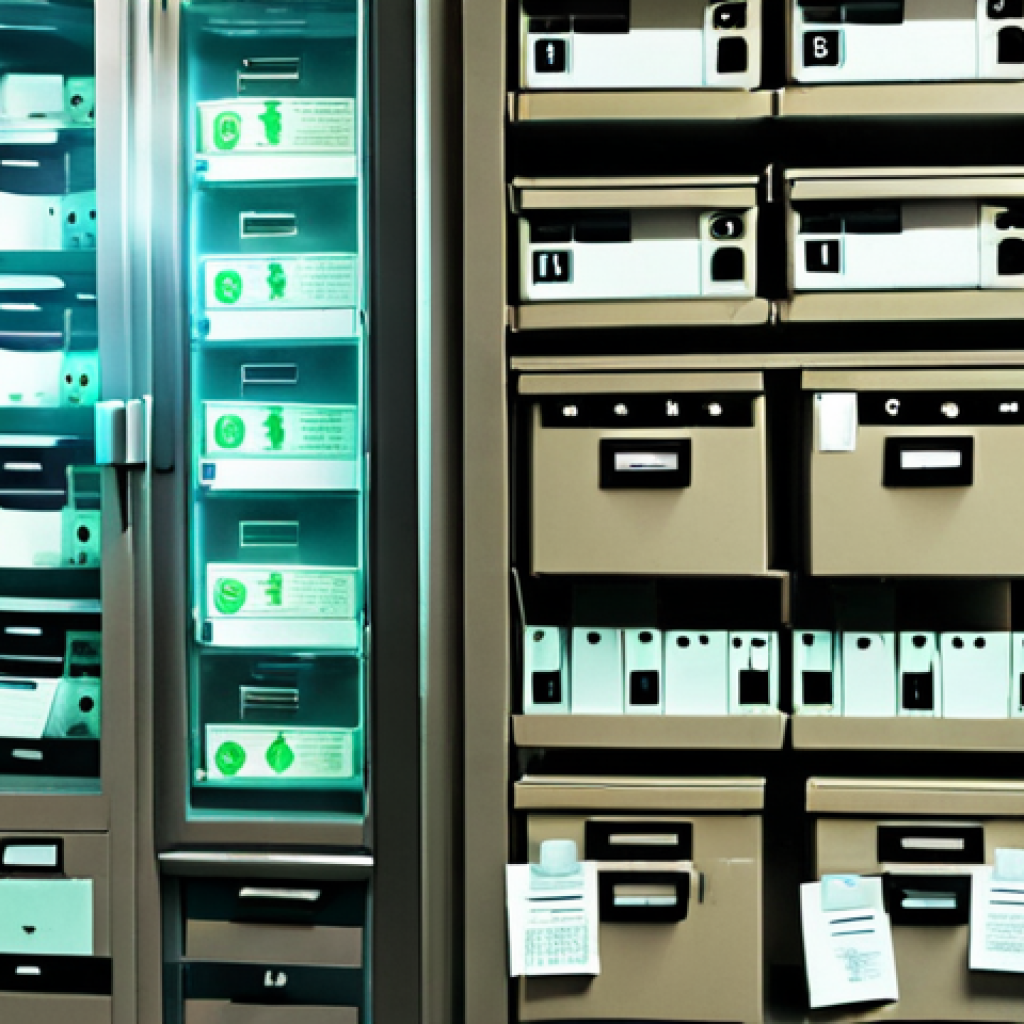 A dynamic split image: on one side, chaotic stacks of old paper medical charts spilling from overflowing filing cabinets, conveying a sense of manual burden and historical data; on the other, a sleek, glowing holographic interface displaying organized electronic health records with secure encryption symbols, symbolizing instant digital access and modern efficiency. The overall composition should highlight the dramatic shift in healthcare documentation, blending a vintage, cluttered aesthetic with a clean, futuristic, and secure digital one, emphasizing the transition from physical vulnerability to digital fortress.