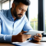 A focused male professional, mid-30s, wearing a modest business casual shirt and trousers, sitting at a clean, modern desk. He is intently looking at a tablet displaying digital flashcards related to healthcare regulations, with a textbook open beside him. The background is a blurred, contemporary home office with natural light. The atmosphere is quiet and studious, emphasizing dedication and concentration. Fully clothed, appropriate attire, professional dress, safe for work, appropriate content, perfect anatomy, correct proportions, natural pose, well-formed hands, proper finger count, natural body proportions, high-quality, professional photography.