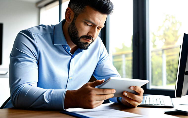 A focused male professional, mid-30s, wearing a modest business casual shirt and trousers, sitting at a clean, modern desk. He is intently looking at a tablet displaying digital flashcards related to healthcare regulations, with a textbook open beside him. The background is a blurred, contemporary home office with natural light. The atmosphere is quiet and studious, emphasizing dedication and concentration. Fully clothed, appropriate attire, professional dress, safe for work, appropriate content, perfect anatomy, correct proportions, natural pose, well-formed hands, proper finger count, natural body proportions, high-quality, professional photography.