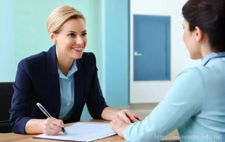 보건의료행정사 현업에서 겪는 에피소드 - **Prompt:** A calm and empathetic female healthcare administrator, mid-30s, with a warm smile and ki...