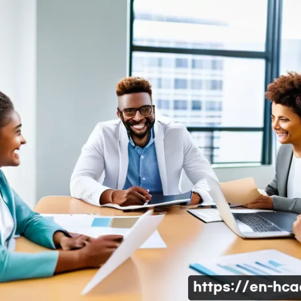 보건의료행정사 직무 만족도 조사 - A diverse group of healthcare administrators in a modern hospital office setting, collaborating arou...