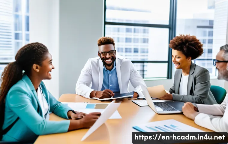 보건의료행정사 직무 만족도 조사 - A diverse group of healthcare administrators in a modern hospital office setting, collaborating arou...