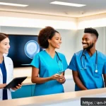 Home 16 보건의료행정사와 업무 자동화 툴 - A modern healthcare clinic reception area featuring a diverse group of medical staff using intellige...