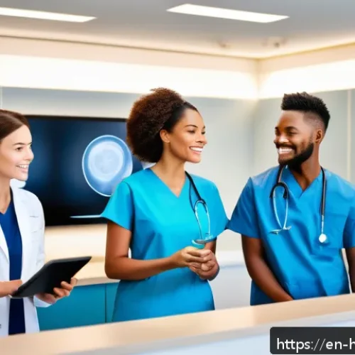 Home 28 보건의료행정사와 업무 자동화 툴 - A modern healthcare clinic reception area featuring a diverse group of medical staff using intellige...
