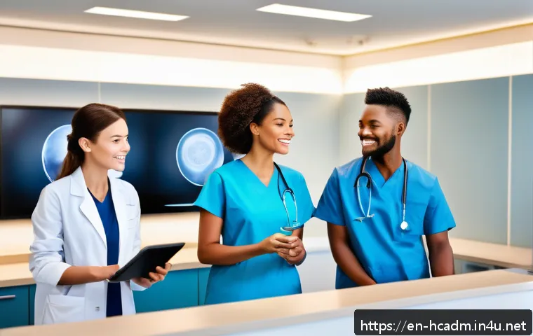 보건의료행정사와 업무 자동화 툴 - A modern healthcare clinic reception area featuring a diverse group of medical staff using intellige...