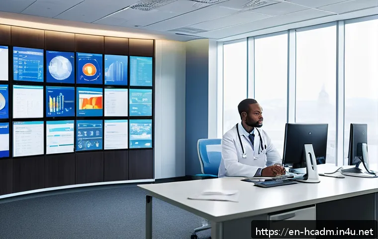 보건의료행정사로 커리어 전환하기 - A modern healthcare administrator&rsquo;s office scene showing a diverse professional in business attire, ...