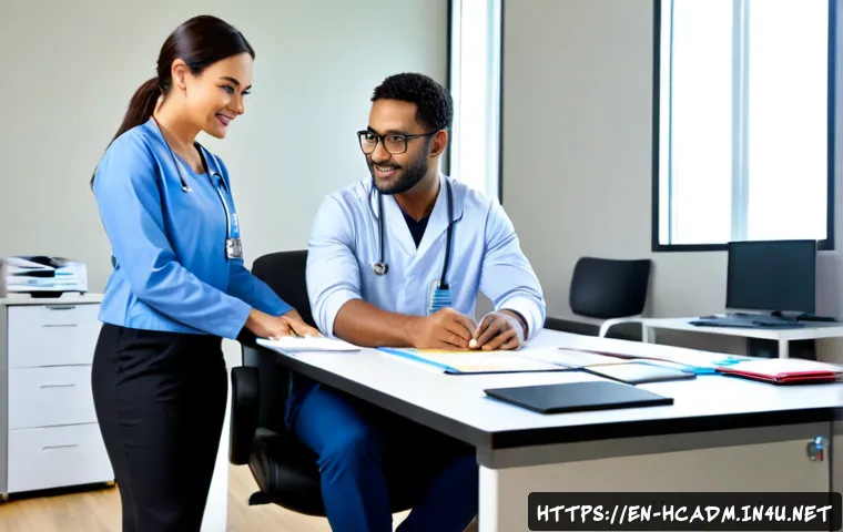 보건의료행정사 업무 환경 개선 아이디어 - Photorealistic modern hospital administrative office, diverse healthcare administration team in smar...