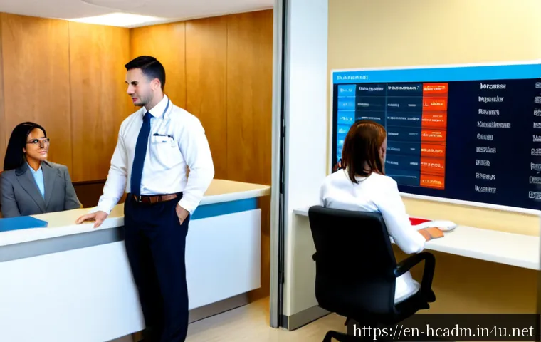 Home 17 보건의료행정사와 병원경영학 차이점 - Photorealistic split-screen comparison in a modern American hospital: on the left, a healthcare admi...